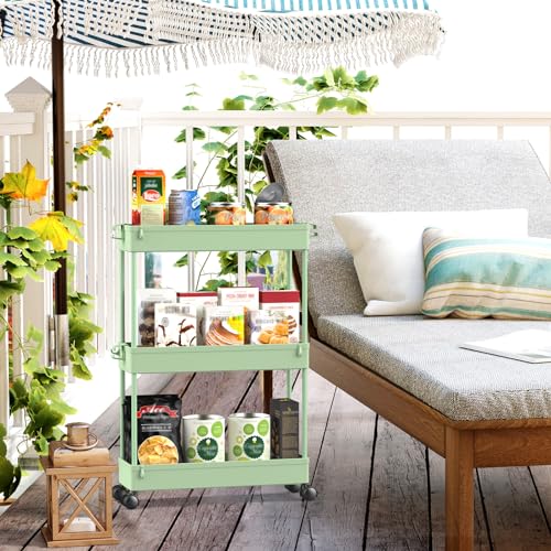 Slim Storage Cart 3 Tier Mobile Shelving Unit Rolling Utility Cart Tower Rack, Plastic & Stainless Steel A838