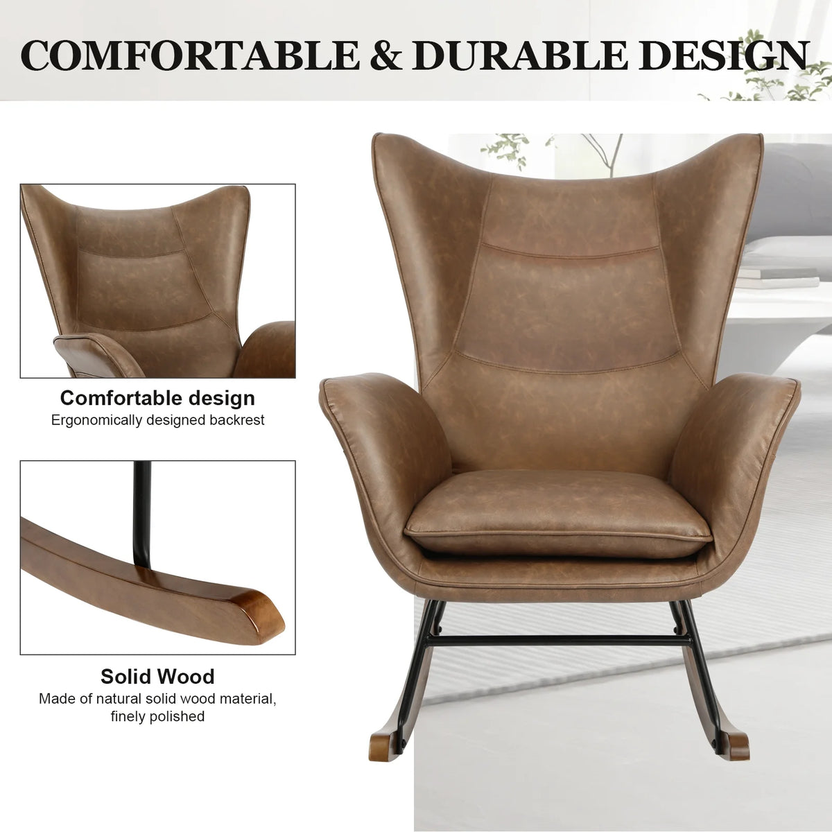 Brown PU Leather Rocker Glider Chair with Wooden Base L700832