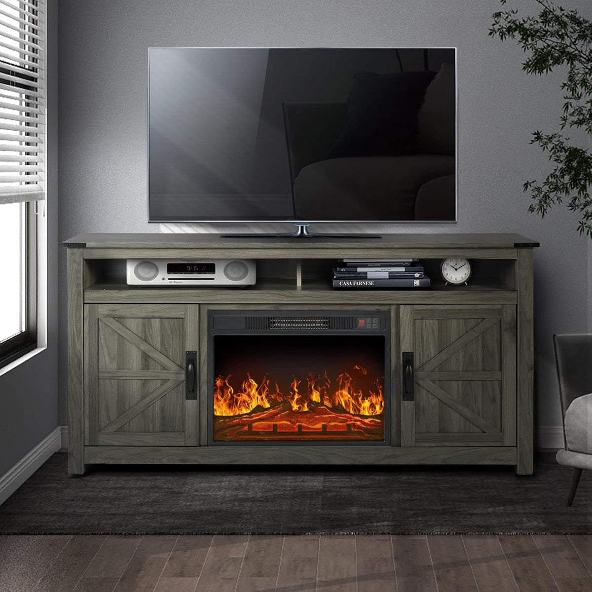 Rustic Brown Barn Door TV Stand with 2 Storage Cabinets and Open Shelves I779