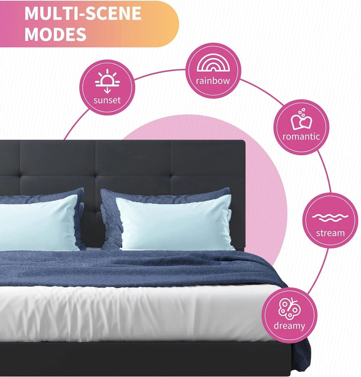 Full Size Bed Frame with RGB LED Lights Tufted Headboard Grey A886014