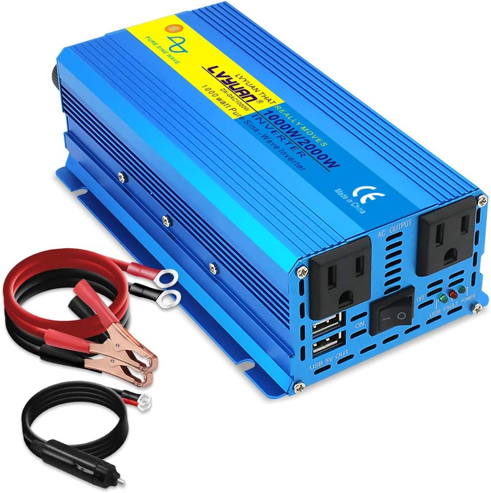 1000W Pure Sine Wave Power Inverter 12V to 110V DC to AC Converter with Dual USB Ports and Dual AC Outlets I6767