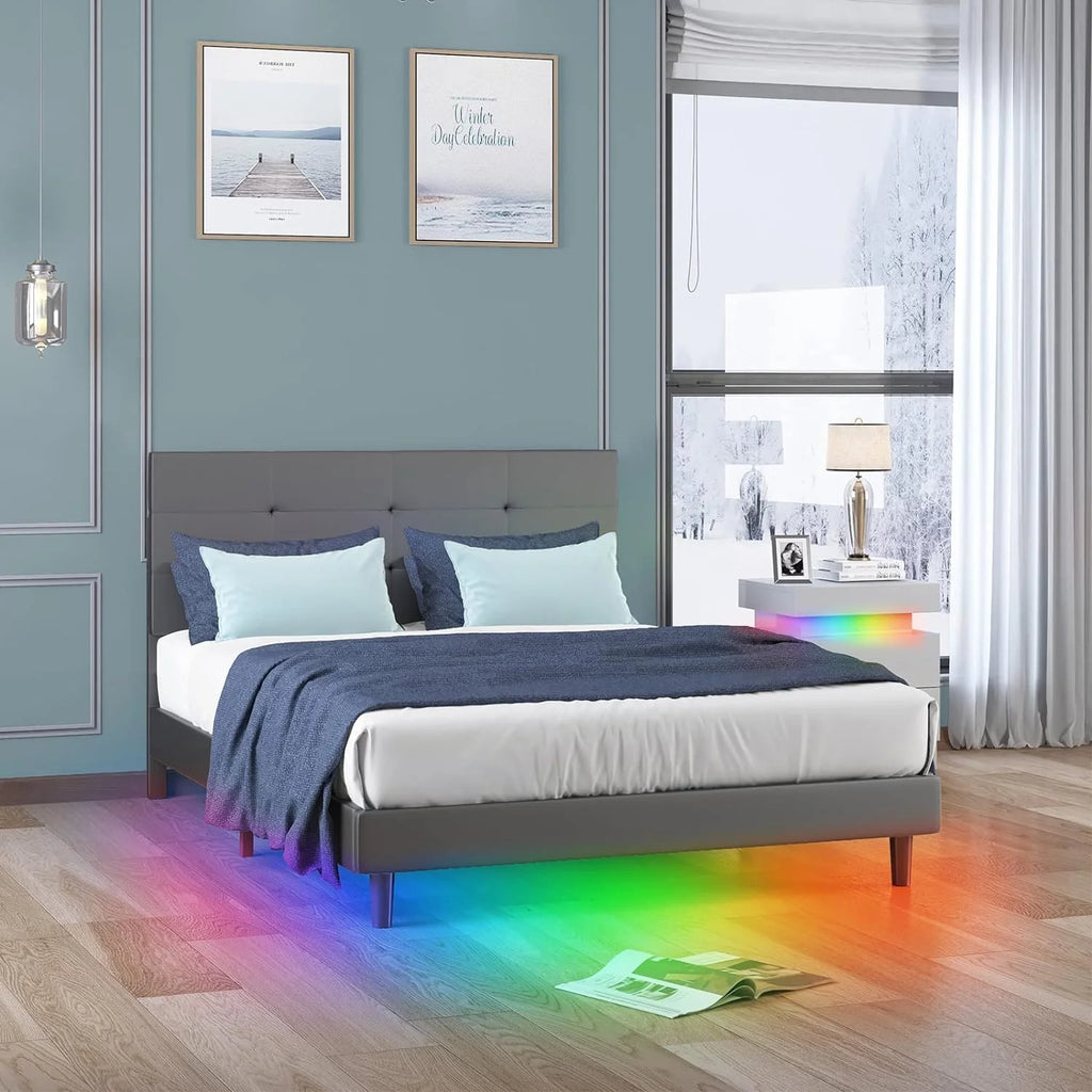 Full Size Bed Frame with RGB LED Lights Tufted Headboard Grey A886014