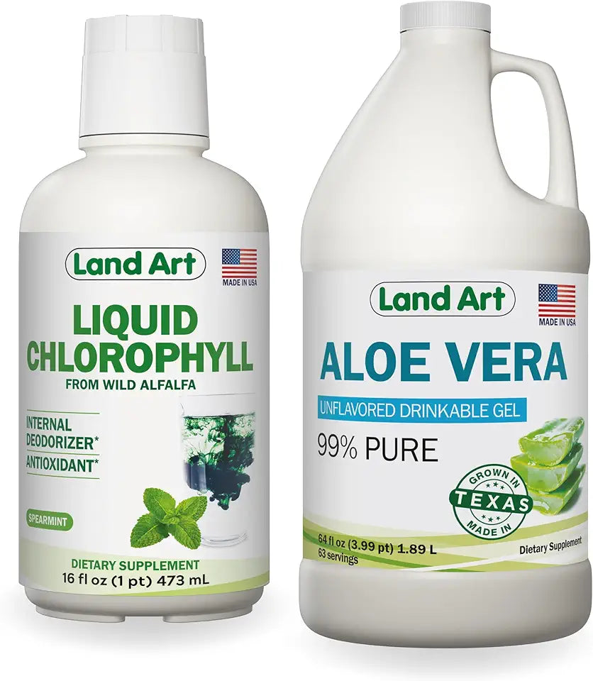 Aloe Vera Drinkable Gel Unflavored 64 fl oz + Liquid Chlorophyll Mint Flavored 16 fl oz Z702