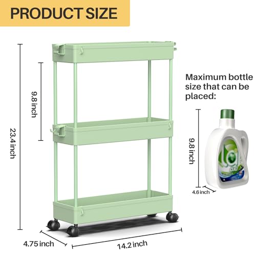Slim Storage Cart 3 Tier Mobile Shelving Unit Rolling Utility Cart Tower Rack, Plastic & Stainless Steel A838