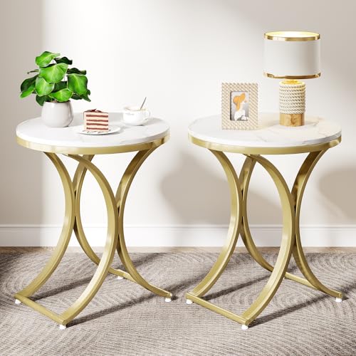 Round Faux Marble Top Gold Metal Legs Side Table D8842