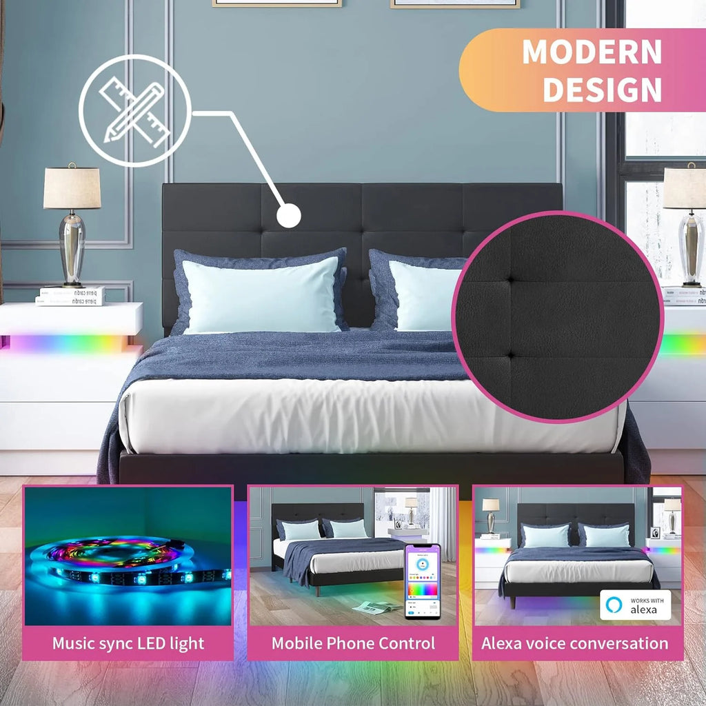Full Size Bed Frame with RGB LED Lights Tufted Headboard Grey A886014