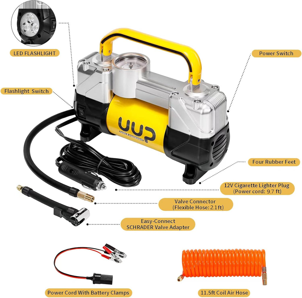 Portable Air Compressor Tire Inflator, Double Cylinders, 12V DC, Metal Air Pump, LED Light, Pack of 2 V20331