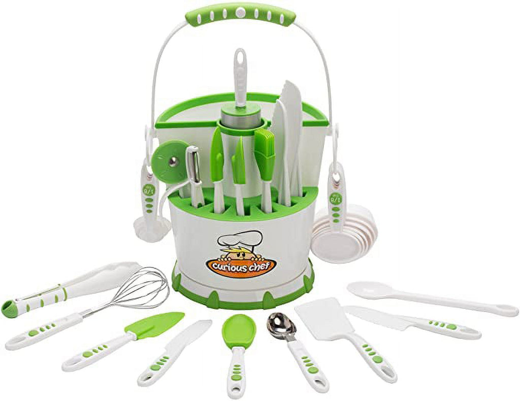 30-Piece White/Green Plastic Cookware Set with Real Utensils J26438