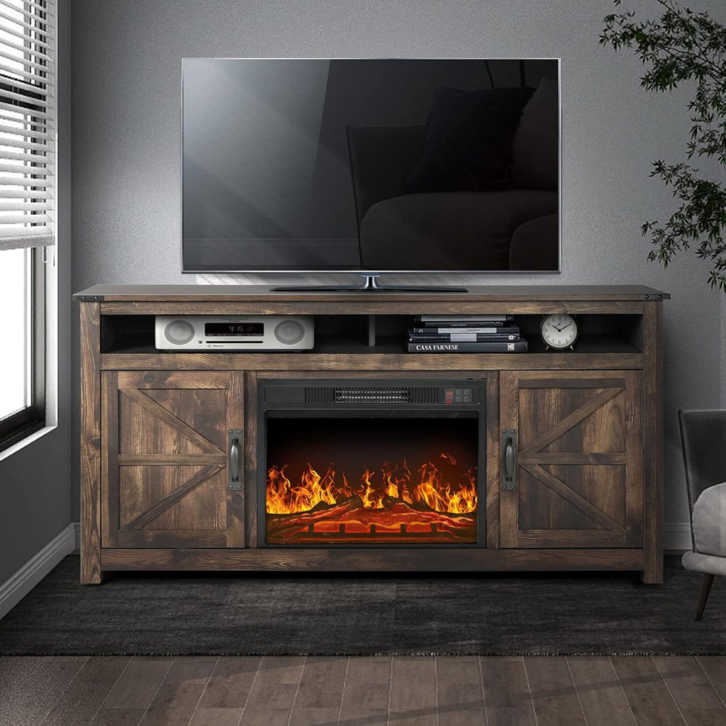 Rustic Brown Barn Door TV Stand with 2 Storage Cabinets and Open Shelves I779