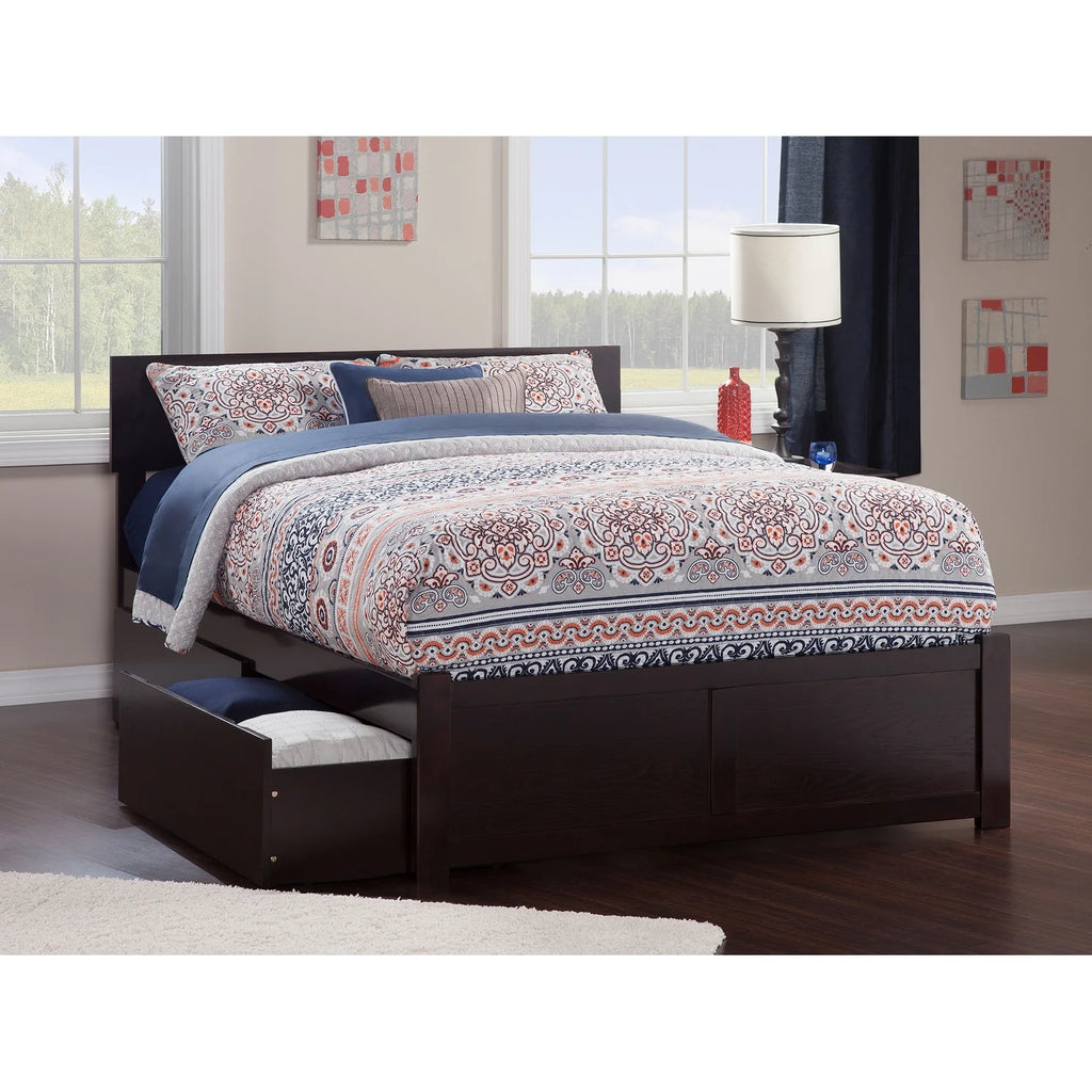 King Platform Bed with Footboard and 2 Drawers in Espresso I3429