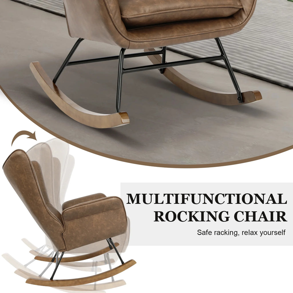 Brown PU Leather Rocker Glider Chair with Wooden Base L700832