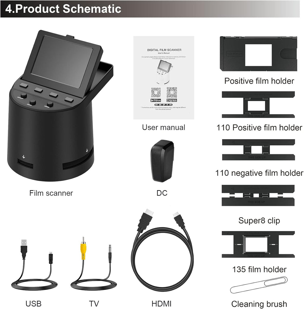 Wireless Digital Film Scanner with 22MP, Converts 35mm, 126, 110, Super 8 Films, Slides, Negatives to JPEG, Tilt-Up 3.5 Large LCD, Transfer Pictures to Phones Via WiFi Connection, MAC &PC Compatible A401