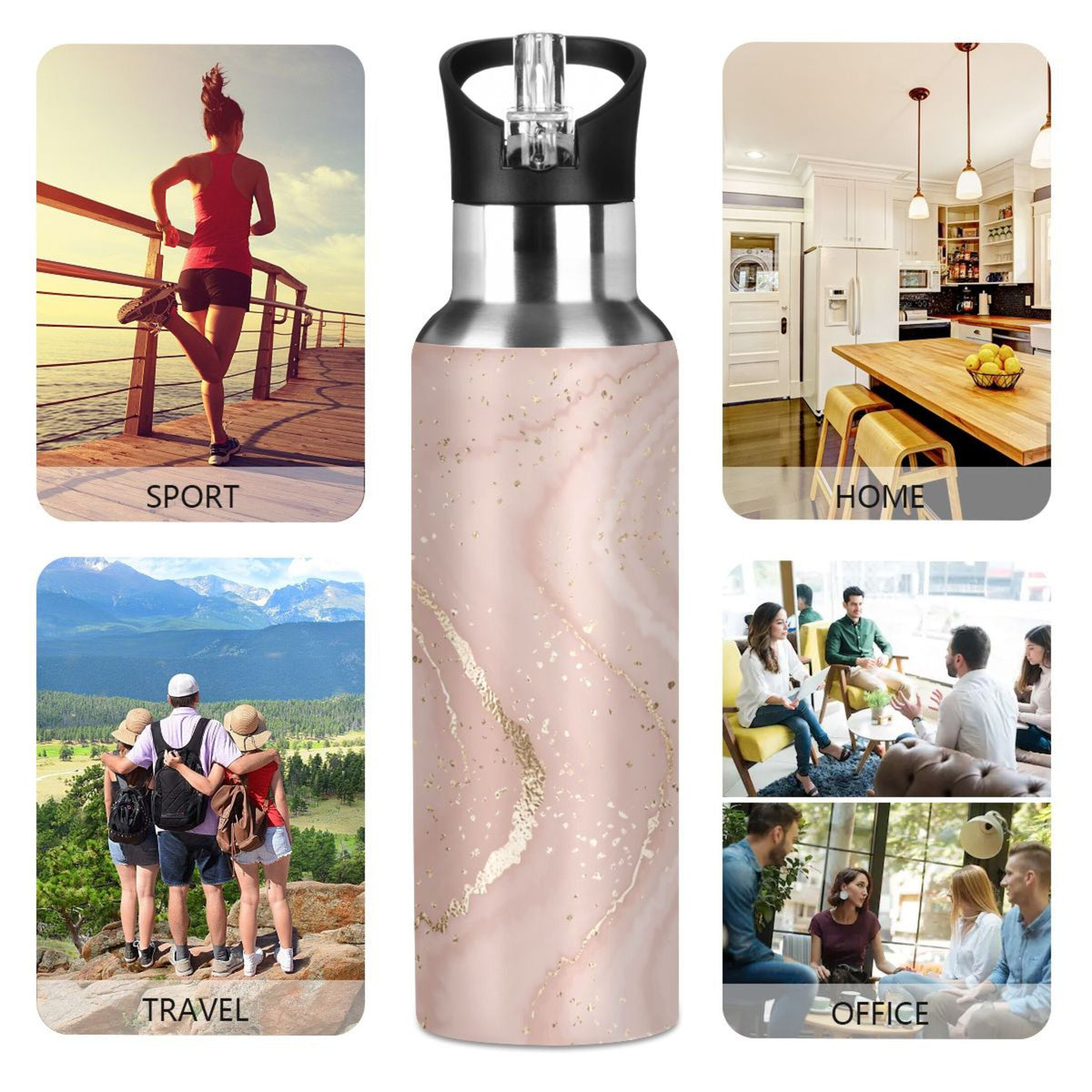 Pink Marble Stainless Steel Insulated Water Bottle with Straw Lid Z230