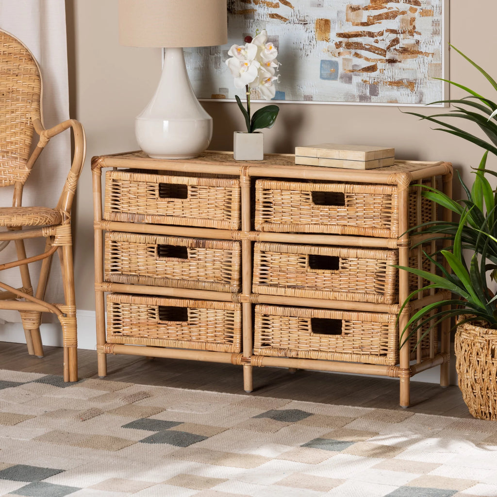 Natural Brown Rattan 6-Drawer Storage Cabinet H50526