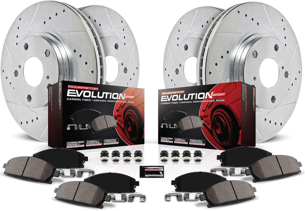 Front and Rear Carbon Fiber Brake Pads with Drilled & Slotted Brake Rotors Kit Y177385
