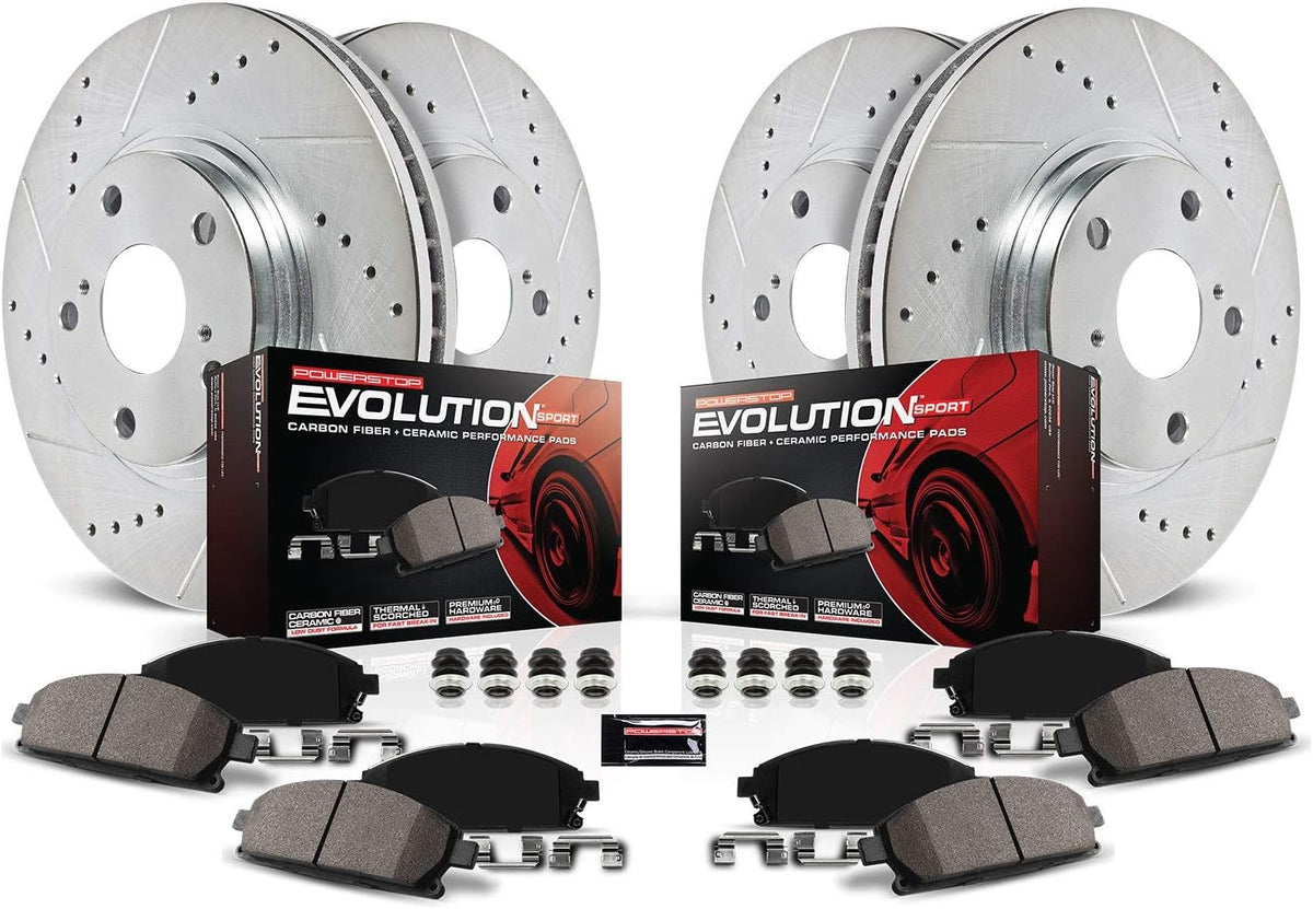 Front and Rear Carbon Fiber Brake Pads with Drilled & Slotted Brake Rotors Kit Y177385