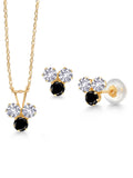 14K Yellow Gold White Created Sapphire and Black Diamond 3 Stone Pendant and Earrings Jewelry Set V8530