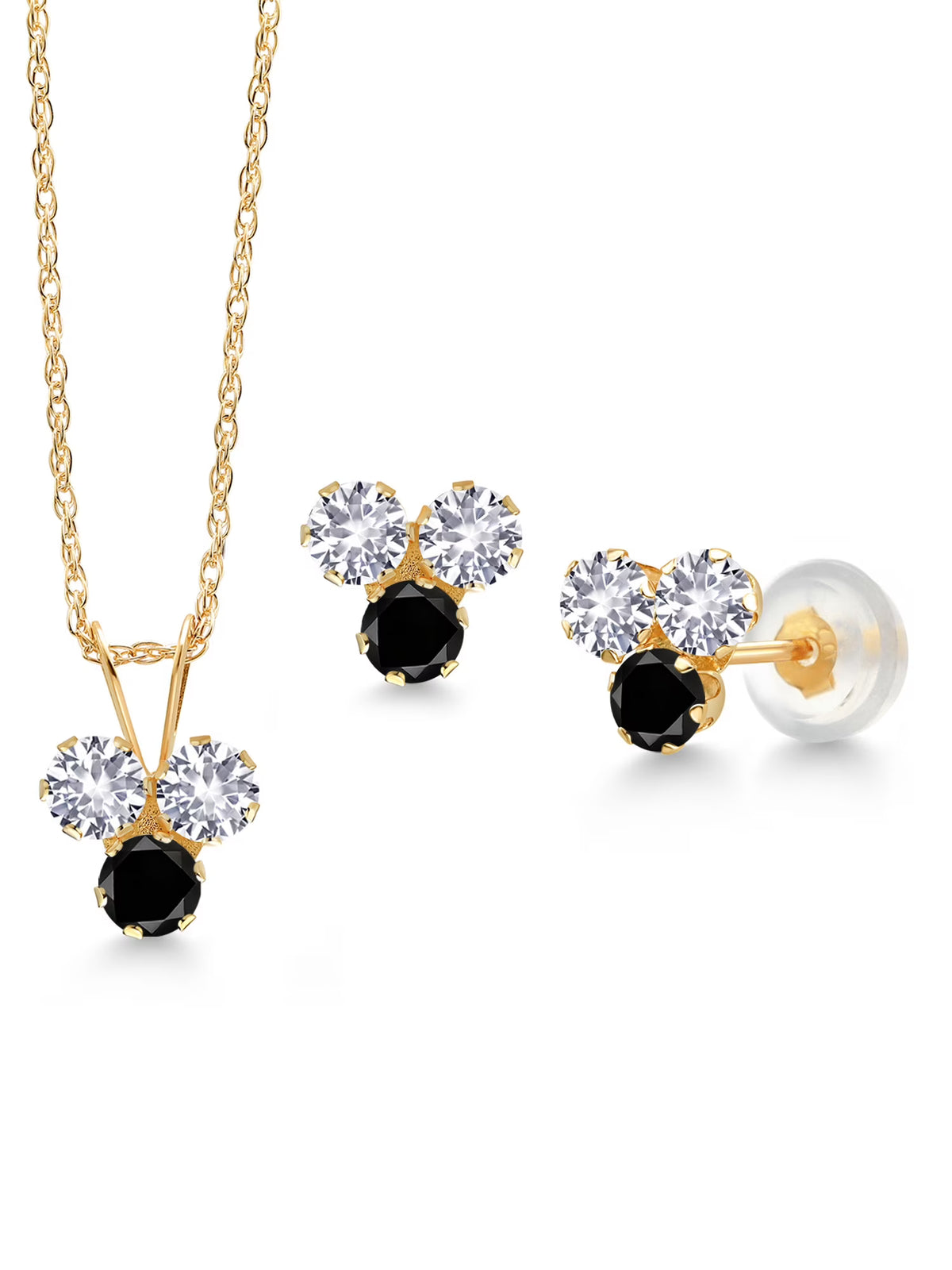 14K Yellow Gold White Created Sapphire and Black Diamond 3 Stone Pendant and Earrings Jewelry Set V8530
