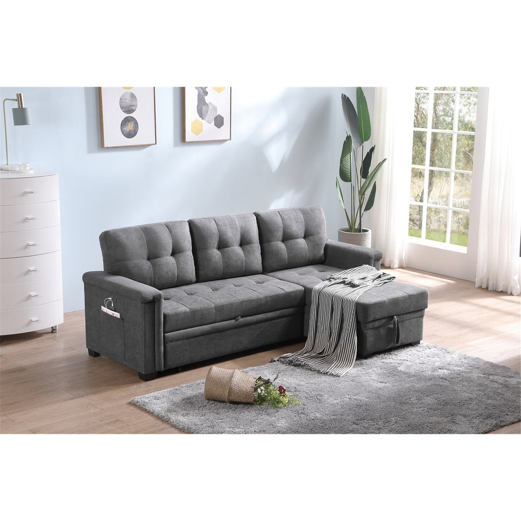 Gray Woven Fabric Sleeper Sectional Sofa Chaise with USB Charger and Tablet Pocket Q276924