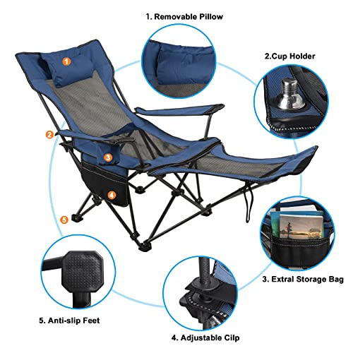 Camping Folding Chair with Foot Rest, Cup Holder, Removable Storage Bag (Blue) I600