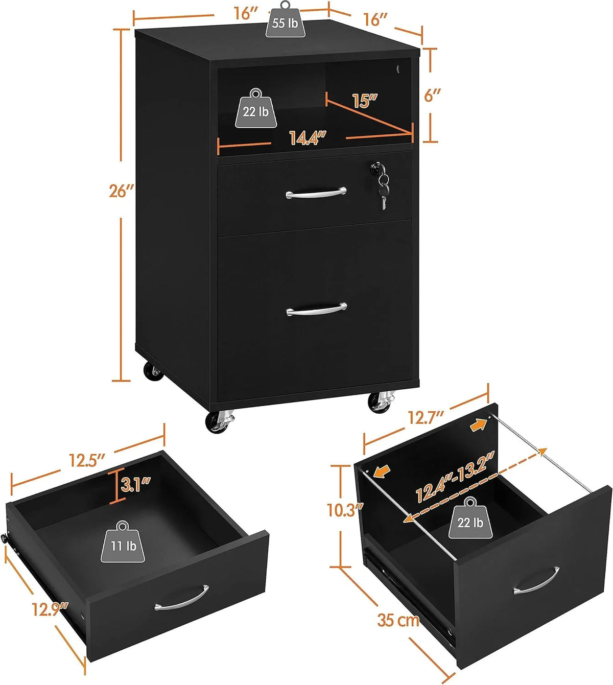 2pcs Mobile File Cabinet Letter Size Filing Cabinet with Printer Stand Black Rustic Brown A8056