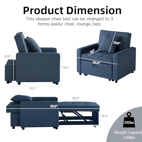 Blue Convertible Sofa Bed Chair with Side Pocket X389