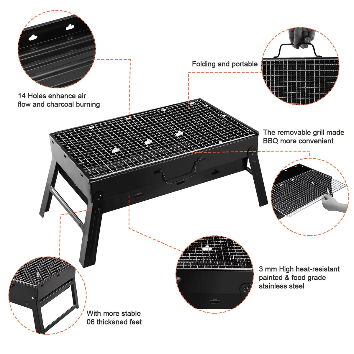 18" Portable Charcoal Grill and Smoker Stainless Steel Foldable BBQ Grill Black R350
