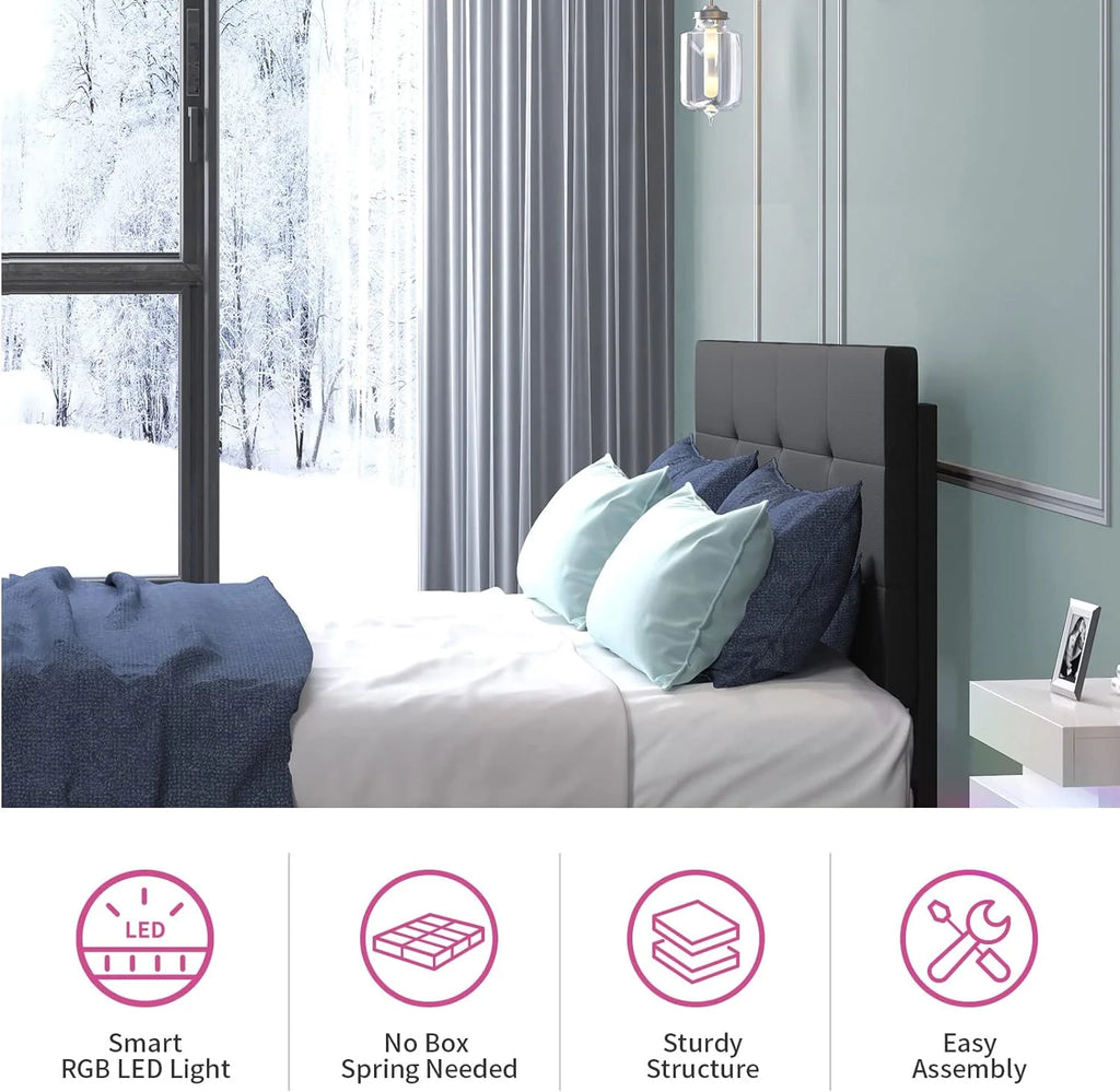 Full Size Bed Frame with RGB LED Lights Tufted Headboard Grey A886014