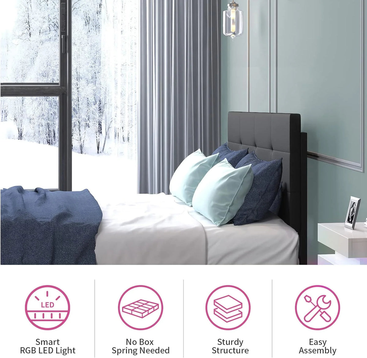 Full Size Bed Frame with RGB LED Lights Tufted Headboard Grey A886014