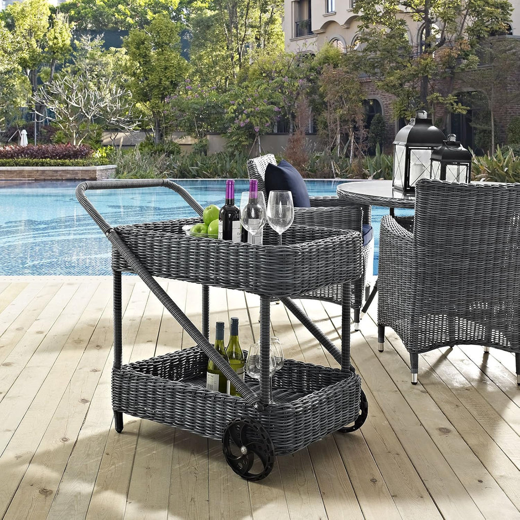 Gray Wicker Rattan Outdoor Beverage Bar Cart X165556
