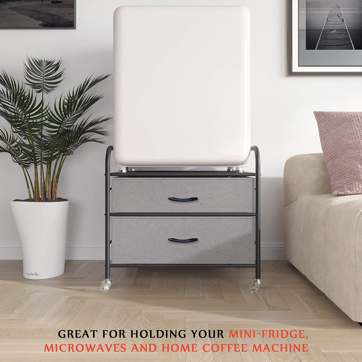 Fridge Stand with Storage, 2 Drawer, Metal Frame, 4 Swivel Wheels Y35346
