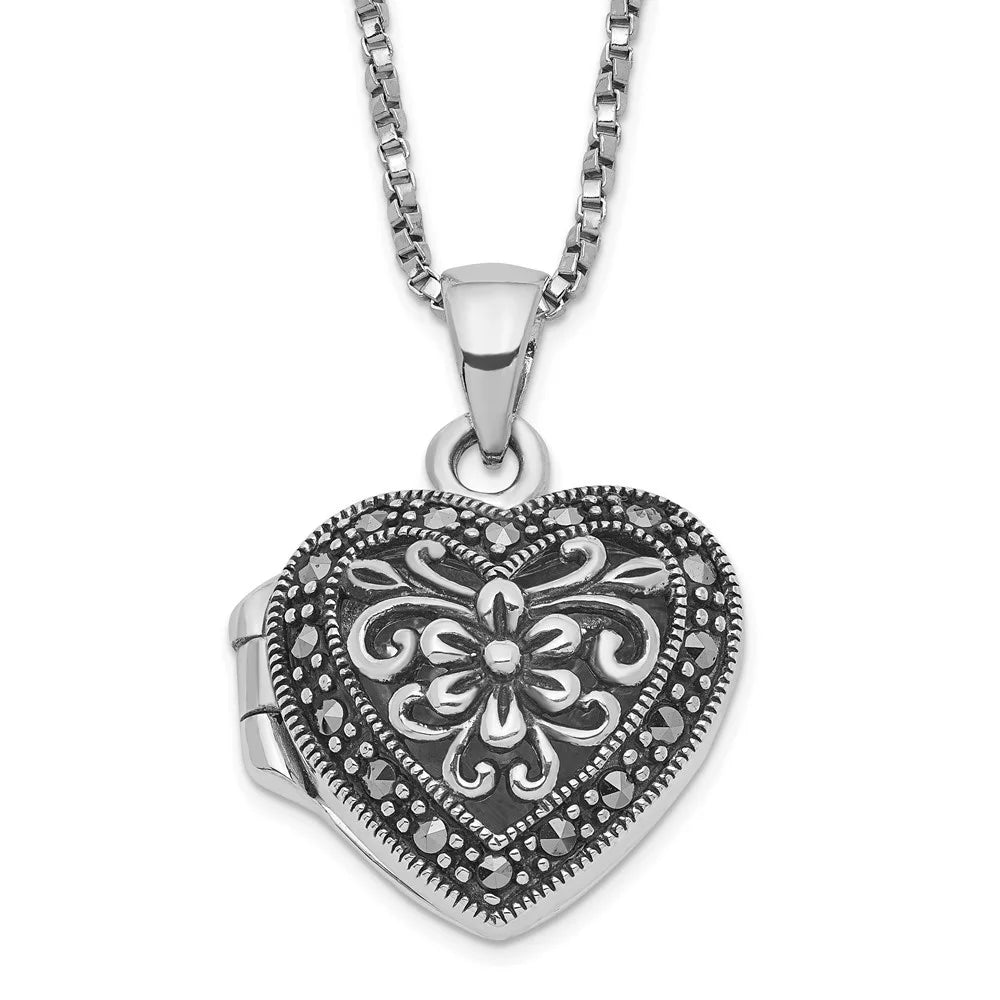 925 Sterling Silver Marcasite Heart Locket Necklace 18" E2920