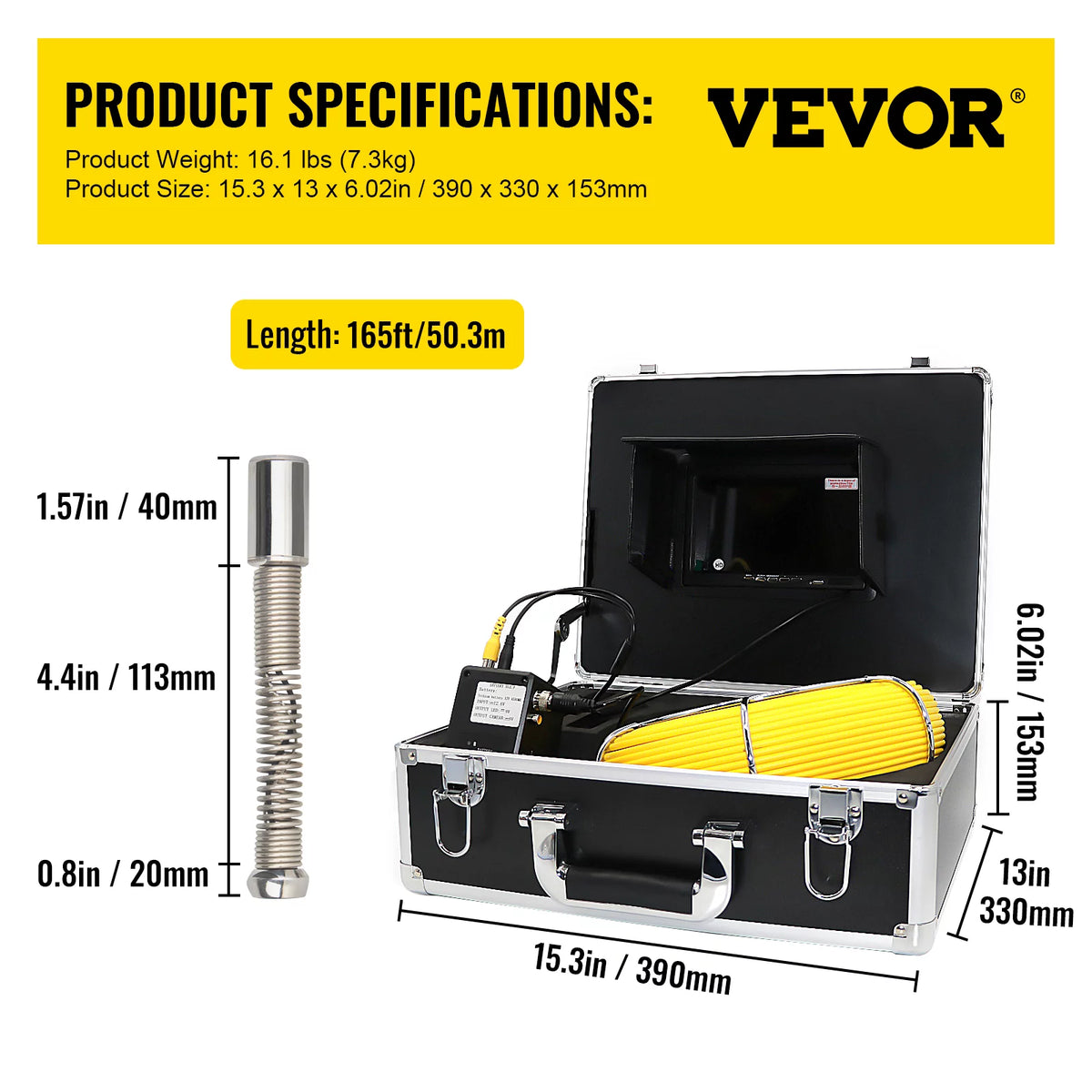 165' Cable Waterproof IP68 Sewer Camera with 512Hz Sonde Transmitter & Receiver O74103