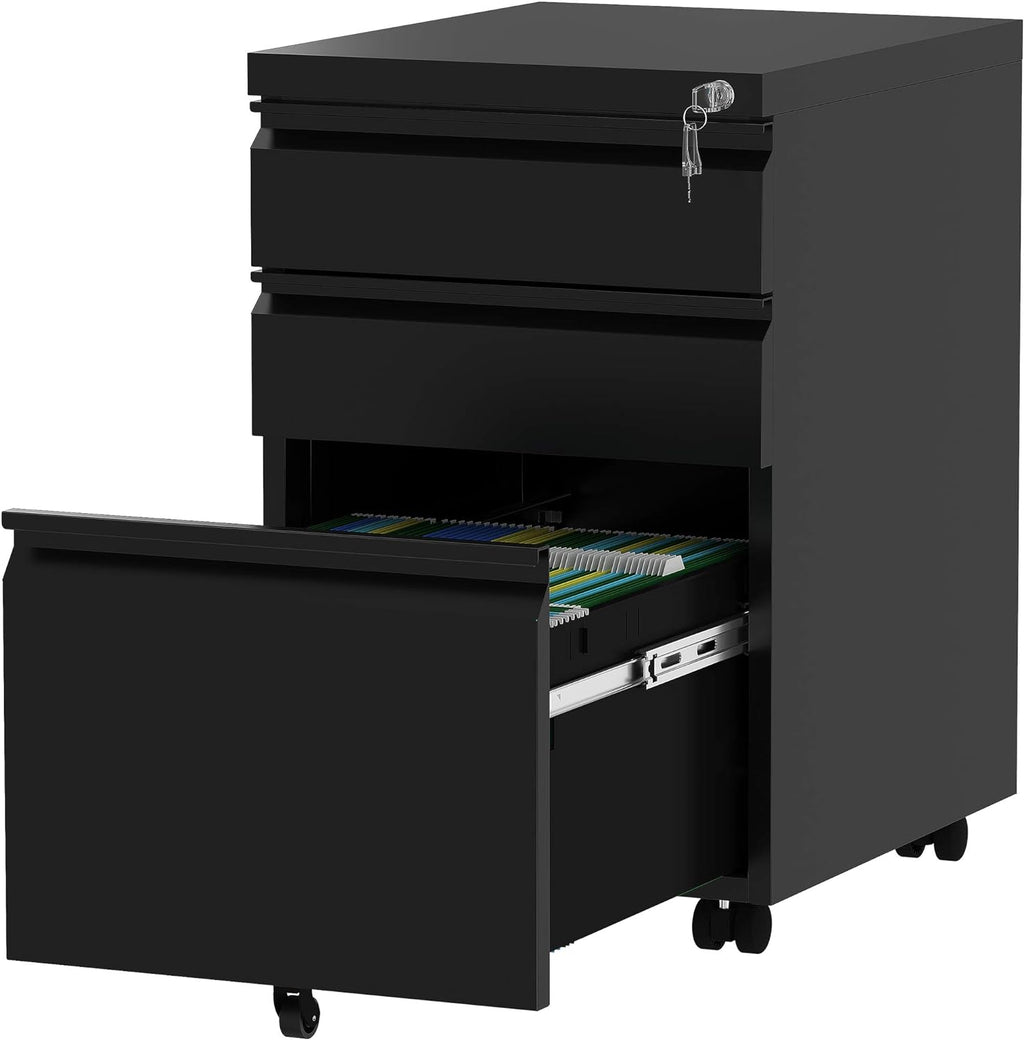 White 3-Drawer Mobile Metal File Cabinet with Lock T88127