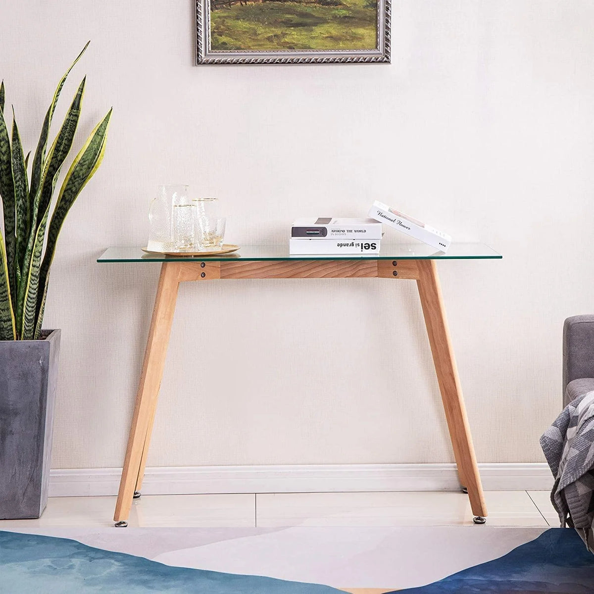 Glass Console Table with Solid Wood Legs N8705