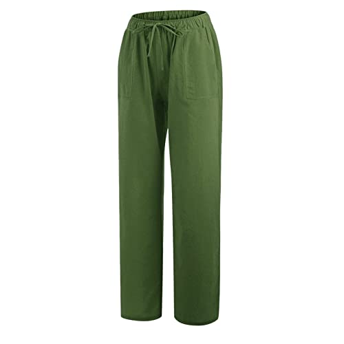 Women Linen Cotton Elastic Waist Drawstring Long Wide Leg Pants H668