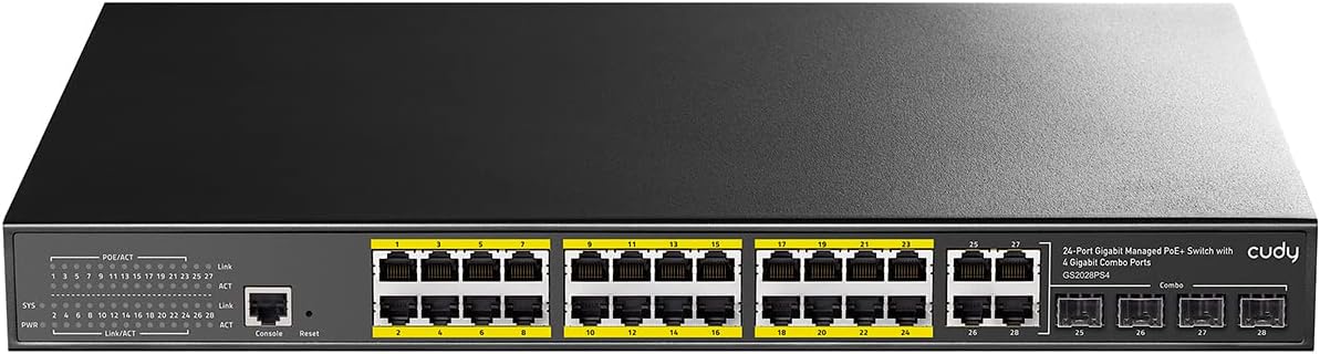 28 Port Gigabit L2 Managed PoE+ Switch 300W, 24 x PoE+ Port, 4 GbE / SFP Combo Ports, 1 Console Port, 300 Watts PoE budget, 802.3 af at, VLAN, QoS, IGMP, Desktop, 1U 19 inch Rack Mount V22810