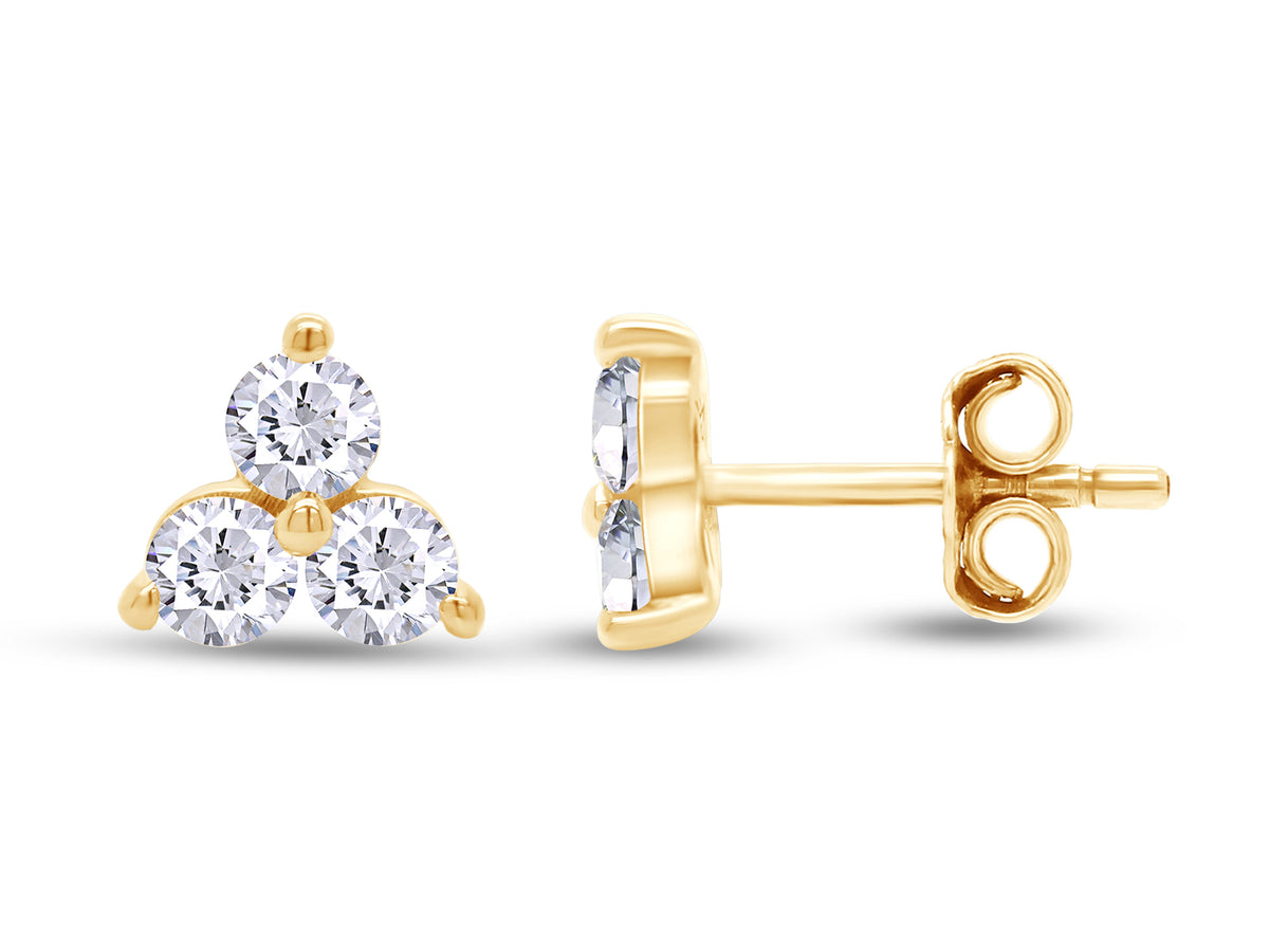 1/2 Carat Round Cut Lab Created Moissanite Three Stone Cluster Stud Earrings In 14k Yellow Gold Over Sterling Silver D975