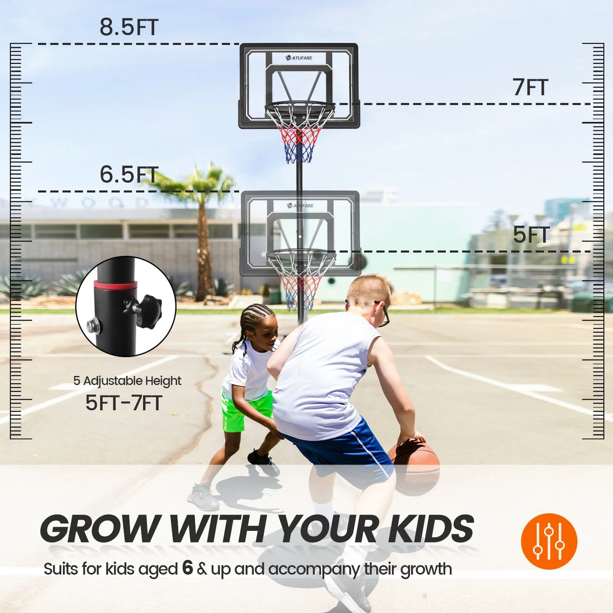 Portable Basketball Hoop & Goal 5 - 7 ft Height Adjustable T151042