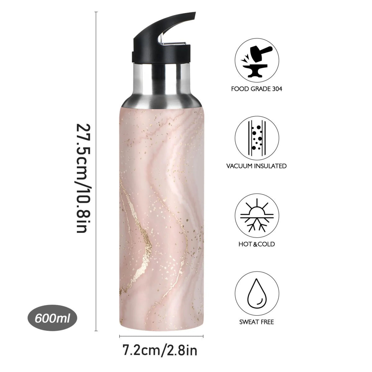 Pink Marble Stainless Steel Insulated Water Bottle with Straw Lid Z230