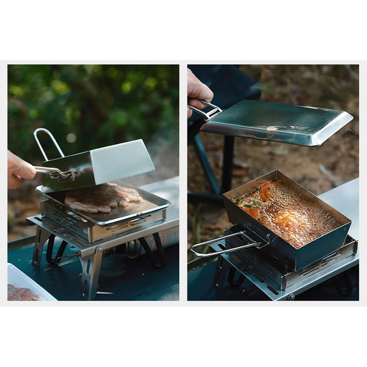 Stainless Steel Frying Pan Camping Pot with Lid Foldable Handle Cookware T321
