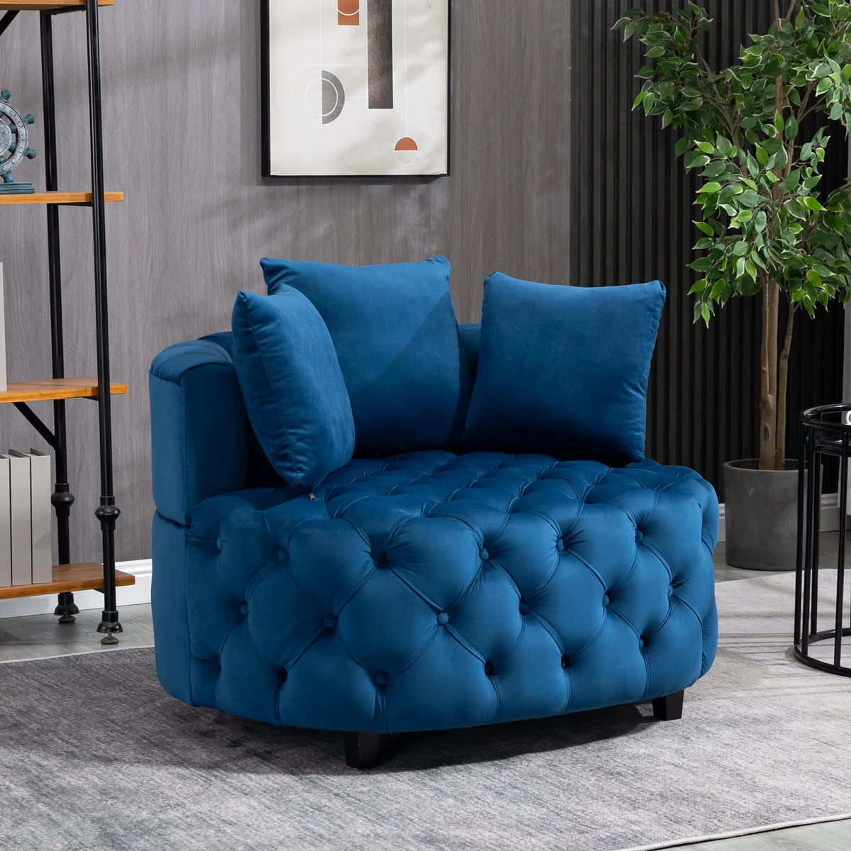 Navy Blue Velvet Oversized Barrel Accent Chair with 3 Pillows O59717
