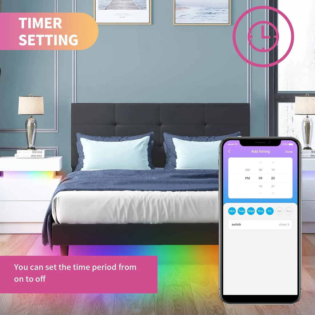 Full Size Bed Frame with RGB LED Lights Tufted Headboard Grey A886014