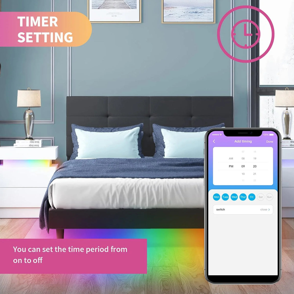 Full Size Bed Frame with RGB LED Lights Tufted Headboard Grey A886014