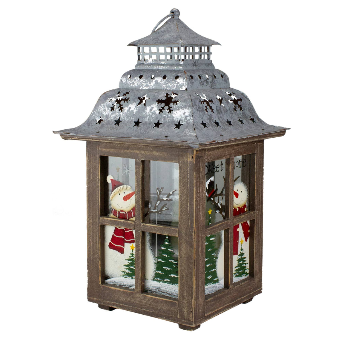 Rustic Wooden Snowman Holiday Scene Christmas Pillar Candle Lantern J631459