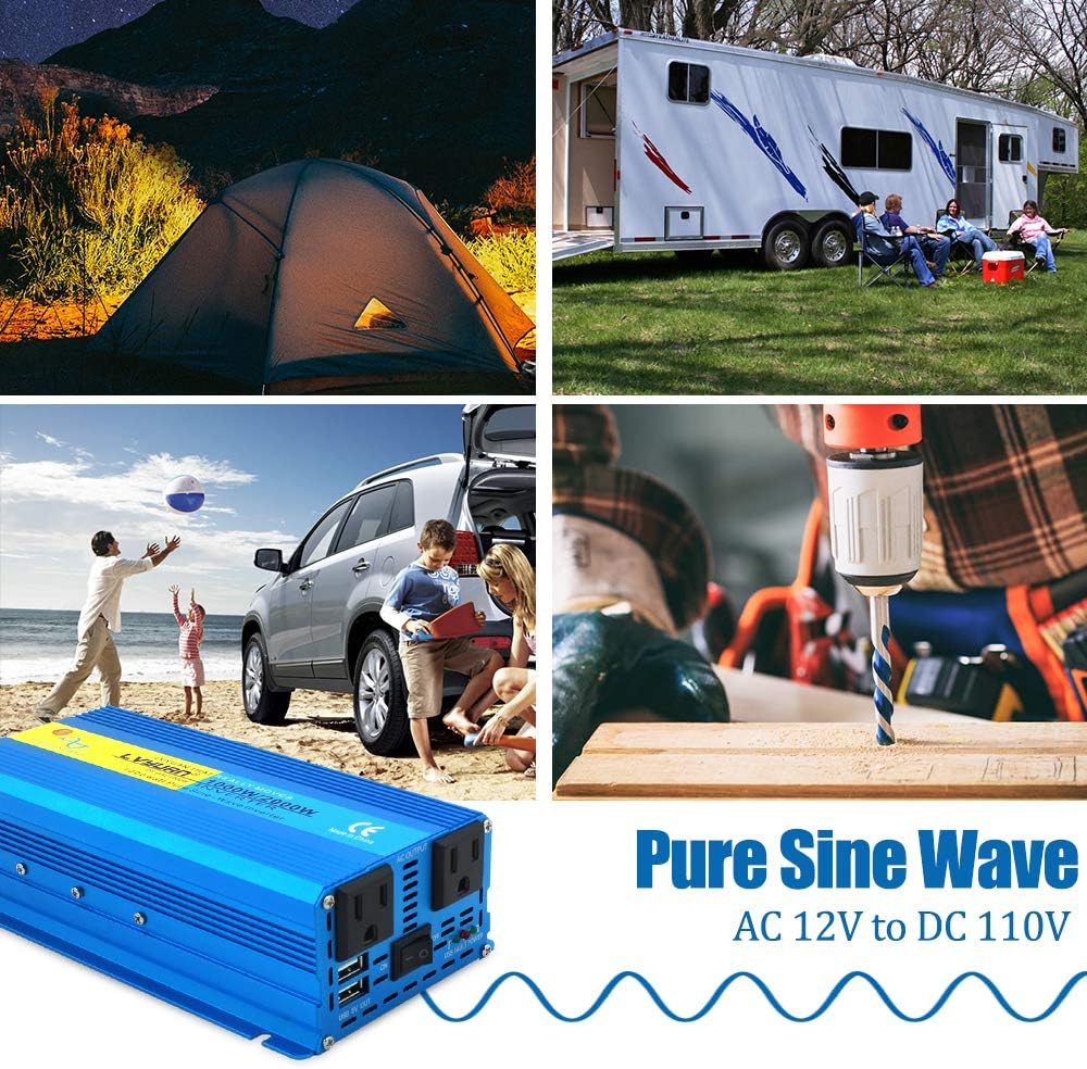 1000W Pure Sine Wave Power Inverter 12V to 110V DC to AC Converter with Dual USB Ports and Dual AC Outlets I6767