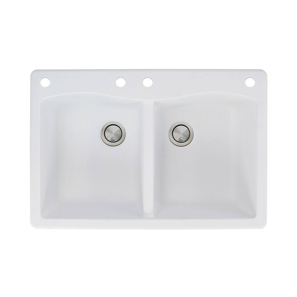 White Double-Basin Granite Drop-In 2-Hole Kitchen Sink N9445
