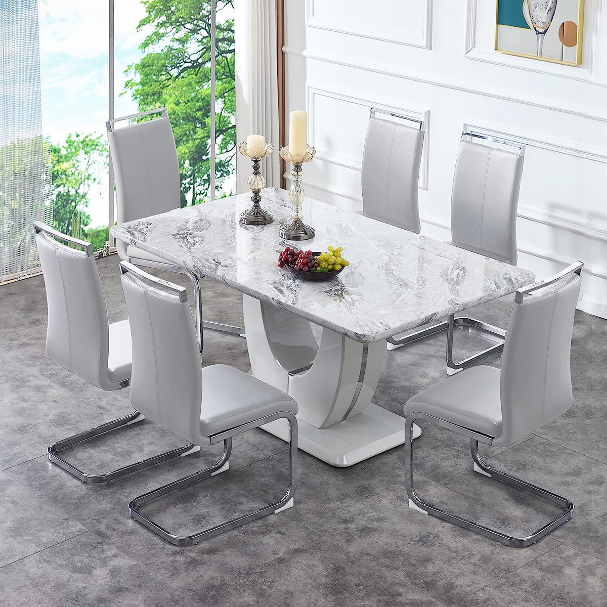 63" Faux Marble Dining Table Set Set of 6 A658406