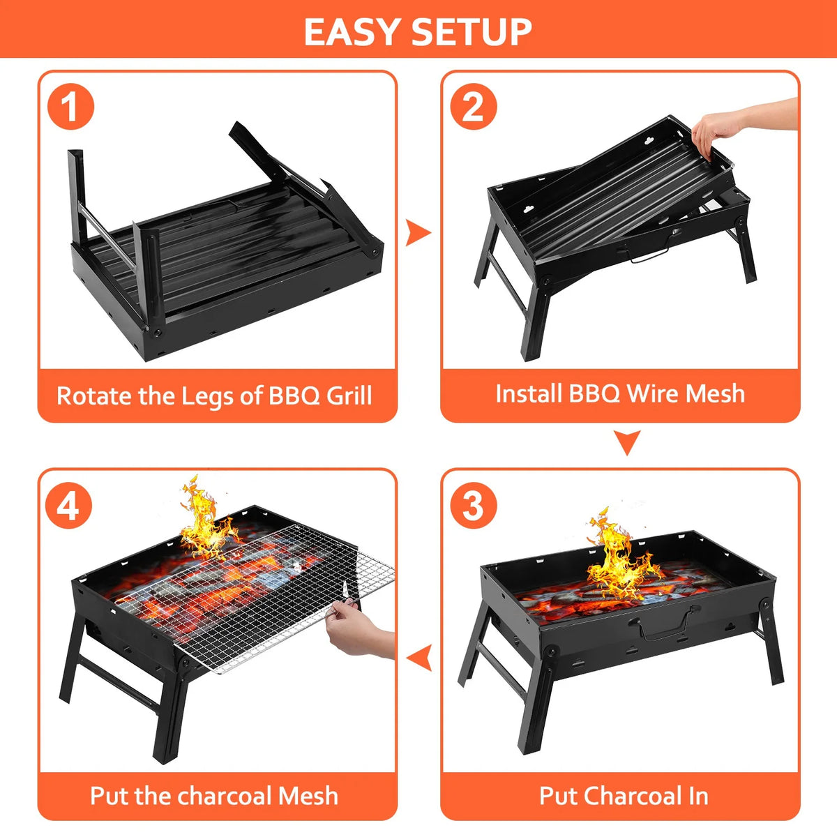 18" Portable Charcoal Grill and Smoker Stainless Steel Foldable BBQ Grill Black R350
