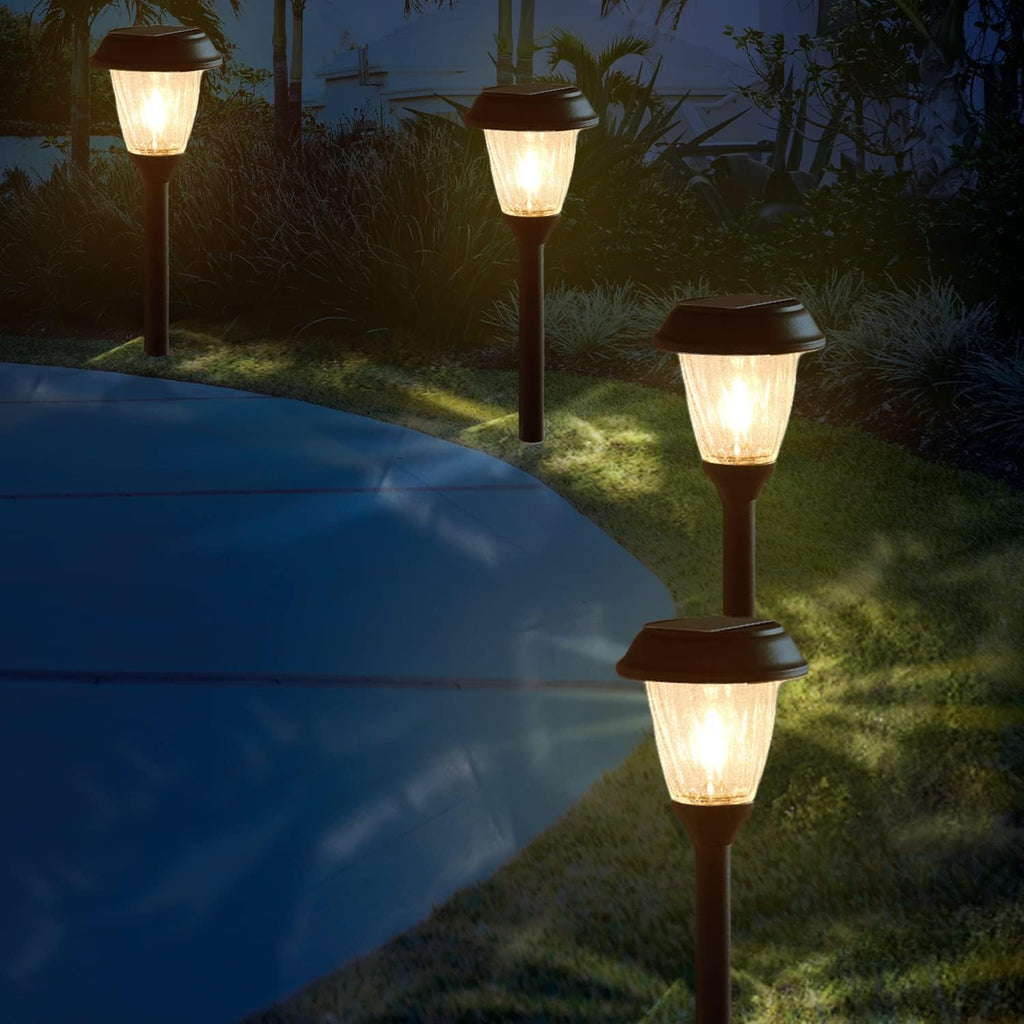 4 Pack Warm White Black Metal Glass Solar Path Lights J99587